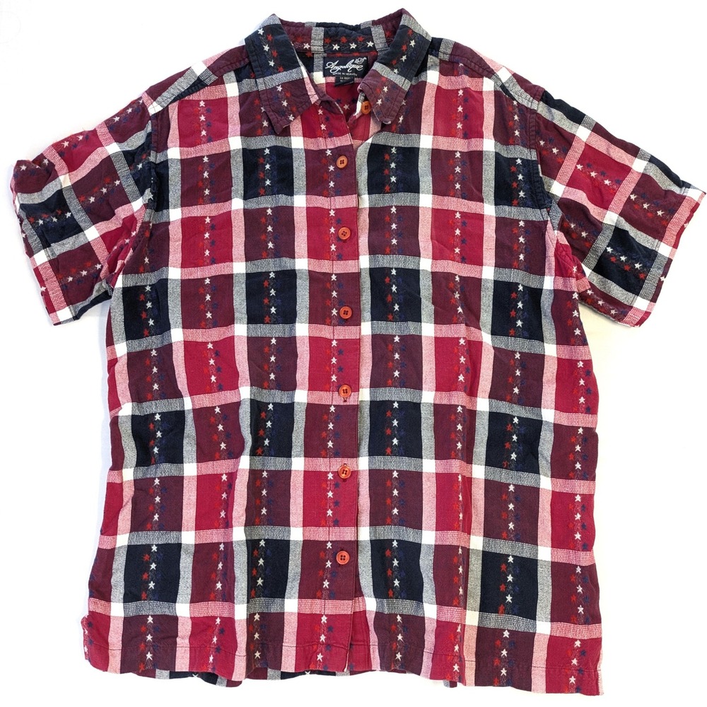 Angelique Womens 2X Plaid Star Embroidered Button Down Shirt Red Blue Americana